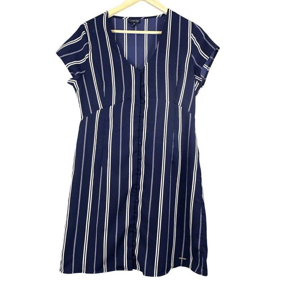 U.S. Polo Assn Striped Dress Womens M Blue White Button Front Casual